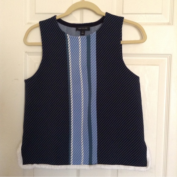 Ann Taylor blue striped sleeveless sweater fringe hem size medium Careerwear - Picture 1 of 9